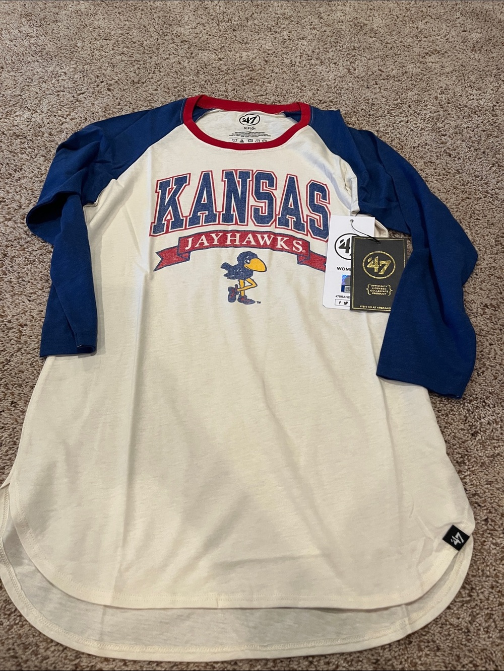 47 Kansas Jayhawks Raglan Tee in Cream, Blue and Red